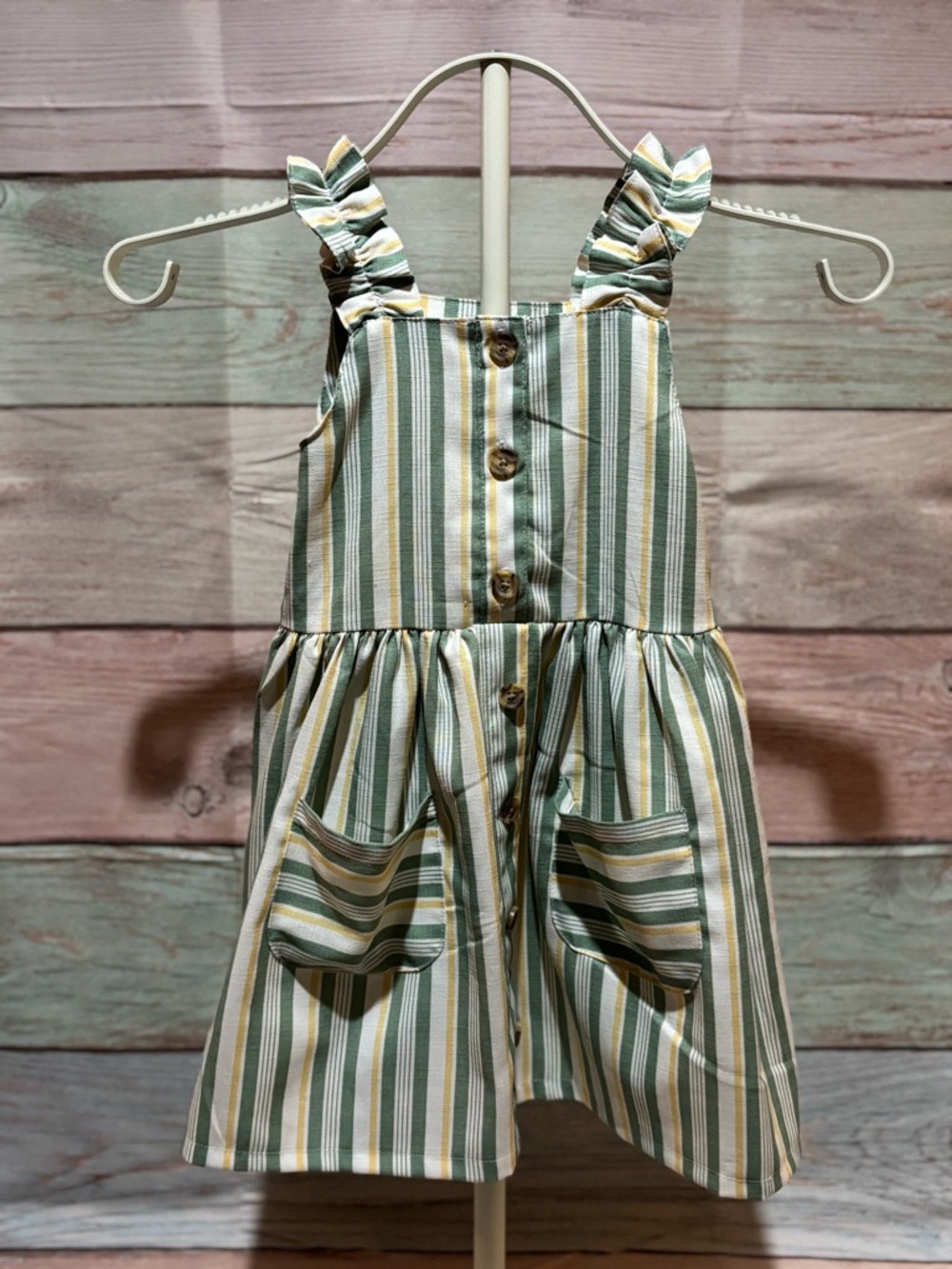 Little Lass Green, Cream & Yellow Striped Ruffle-Sleeve Dress
